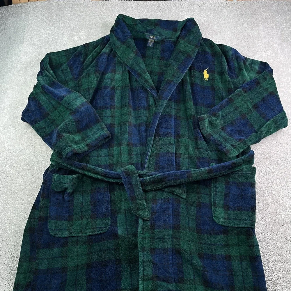 Polo Ralph Lauren Robe Mens Large Green Blackwatch Plaid Thick Fleece Belted